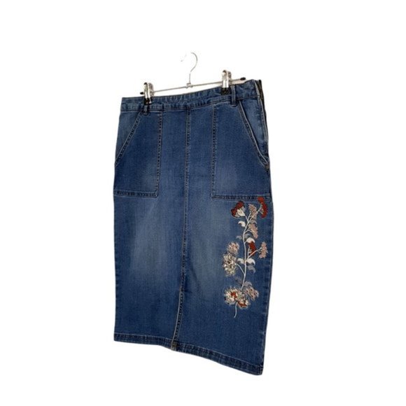 KATIES Size 10 Casual Blue Stretch Floral Embroidered Front-Split Denim Skirt - Picture 2 of 7